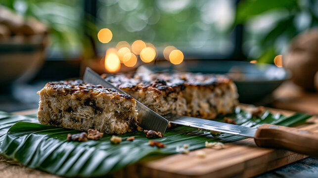 Tempeh block being sliced on a banana leaf in a humid kitchen, mycelium threads visible in cross section, rain soaked streets outside a cracked window, perfect for koji fermentation, fermented soy, 
