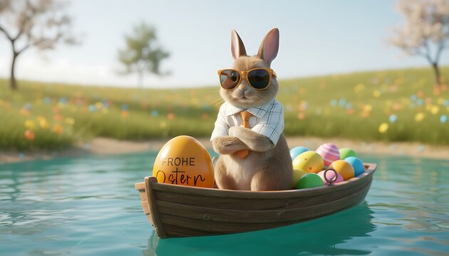 Cute tan dog wearing sunglasses sitting in blue rowboat with colorful easter eggs on sunny day