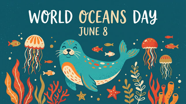 Cheerful marine illustration lively underwater world with a happy seal, graceful jellyfish, diverse sea creatures and plants