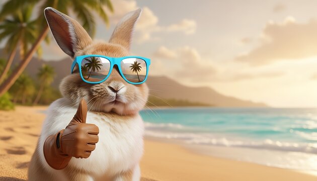 Cute white rabbit wearing blue palm tree sunglasses giving thumbs up on tropical beach