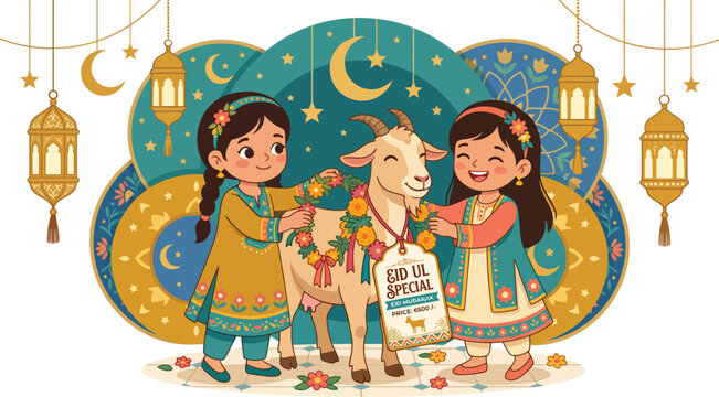 Eid al-Adha celebration vector illustration, cute Muslim girls with sacrificial goat, Eid ul Special festive banner with lanterns and crescent moon isolated on White Background