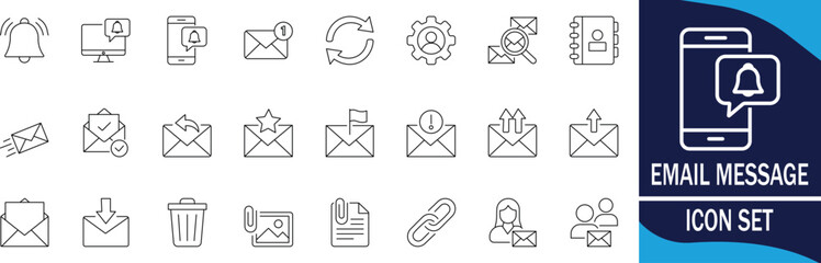 Email and message communication line icon set. Vector symbols for digital marketing, electronic mail, inbox notification, and newsletter correspondence. © MD