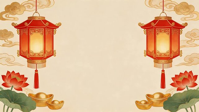 Red lanterns with golden clouds and lotus