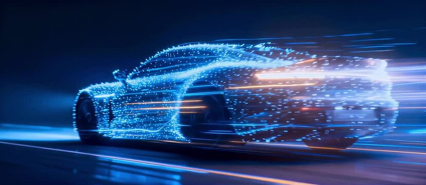 Dynamic digital car composed of illuminated particles accelerating rapidly through a futuristic dark environment, symbolizing advanced automotive technology and innovation