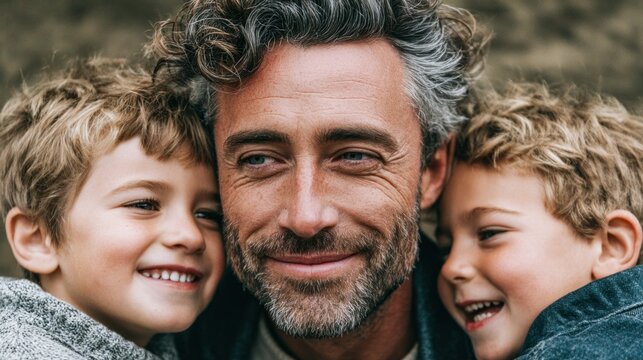 Father and sons share a tender moment, embracing with genuine smiles and affection