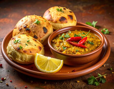 Rajasthani Traditional Cuisine Dal Baati Also Know as Dal Bati or Daal Baati Churma on Wooden Background. selective focus