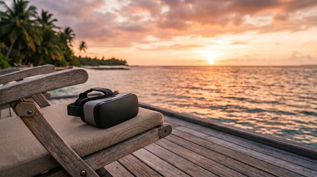 Virtual reality headset sitting on a wooden chair at a tropical beach