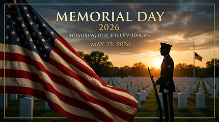 Memorial Day 2026 tribute with American flag waving over military cemetery honoring fallen heroes at sunset