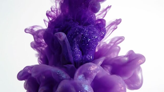 Mesmerizing swirls of vibrant purple pigment bloom and unfurl in a dynamic aqueous suspension, creating ethereal, artistic cloud formations that evoke wonder and a sense of flowing movement