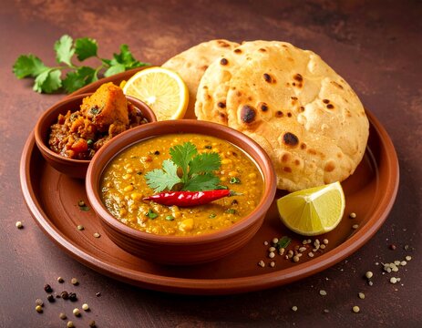 Rajasthani Traditional Cuisine Dal Baati Also Know as Dal Bati or Daal Baati Churma on Wooden Background. selective focus