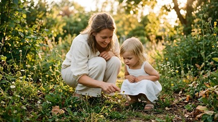 Fototapeta premium Happy mother and little daughter exploring nature in sunny backyard garden during golden hour sunset