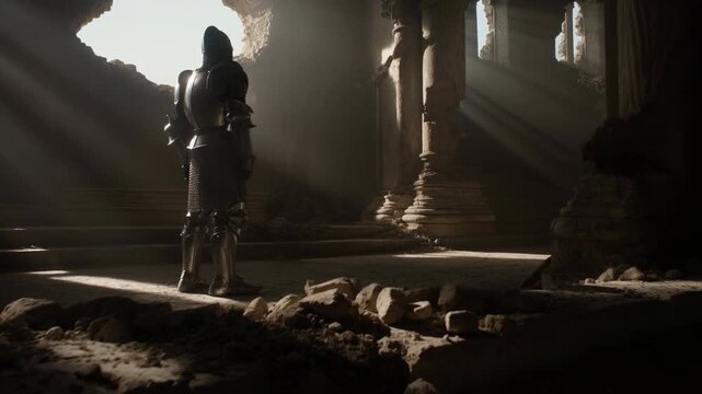Silent Warrior In Crumbling Cathedral. Stoic Knight Confronts Dawn In Shattered Sacred Building