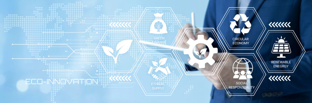 Professional illustrating eco innovation concepts with digital interface and sustainability icons for modern business presentations