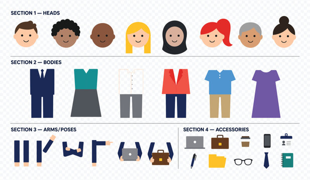 Customizable flat vector character creator kit featuring diverse people with professional business attire and office accessories for corporate avatar design