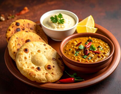 Rajasthani Traditional Cuisine Dal Baati Also Know as Dal Bati or Daal Baati Churma on Wooden Background. selective focus