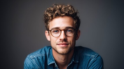 Obraz premium Portrait of a young man with curly hair and glasses smiling confidently