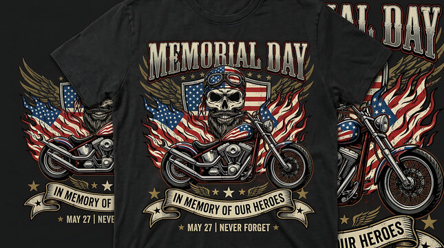 Memorial Day t shirt graphic with skull wearing helmet on motorcycle and American flag design