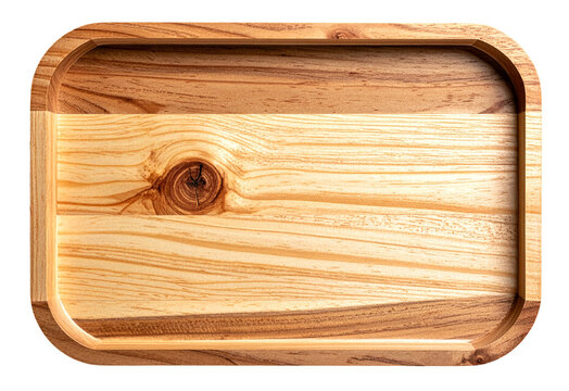 top view of empty rounded rectangle wooden tray with details texture isolated on white