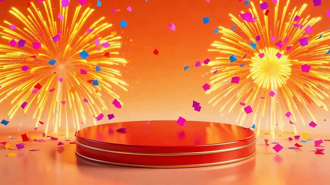 Golden fireworks over red platform