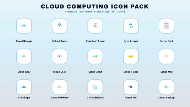 Comprehensive collection of fifteen essential cloud computing service icons Vector