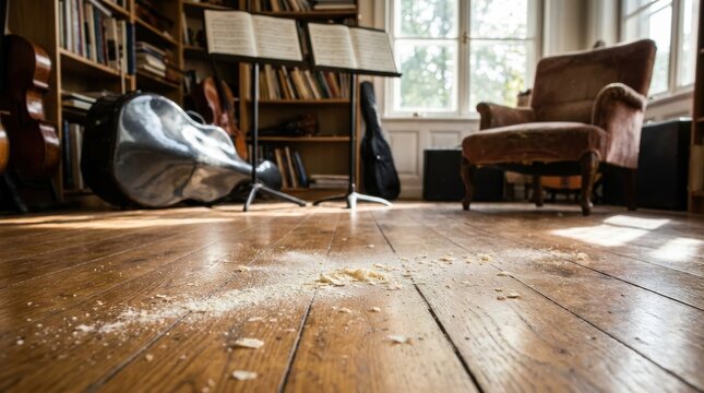 Scattered rosin dust on polished wooden floorboards with musical instruments and sheet music in a sunlit room