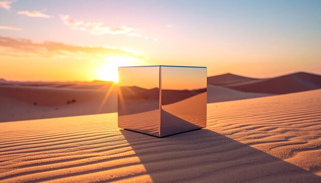 A reflective metallic cube sitting on the sand of a vast desert landscape under a warm glowing sunset sky for a creative minimalist concept.