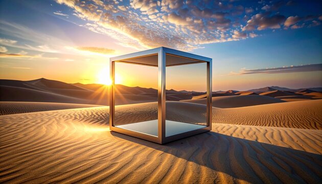 A metallic cube frame stands in the middle of a vast desert landscape under a beautiful sunset sky with golden light and sand dunes.