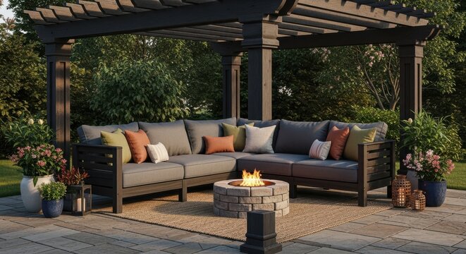 Dark stained wood pergola with comfortable outdoor sectional sofa and stone fire pit on a patio