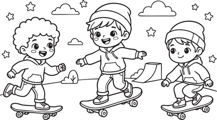 Cute kawaii kids skateboarding and roller skating collection, hand-drawn vector set of happy children characters for coloring pages and stickers. © Sadiadesigner