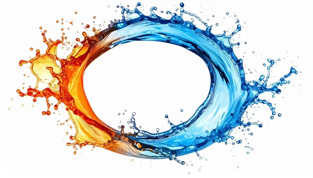 Abstract ring of liquid water showing a dynamic contrast between hot orange fire and cool blue ice splashes isolated on white background.