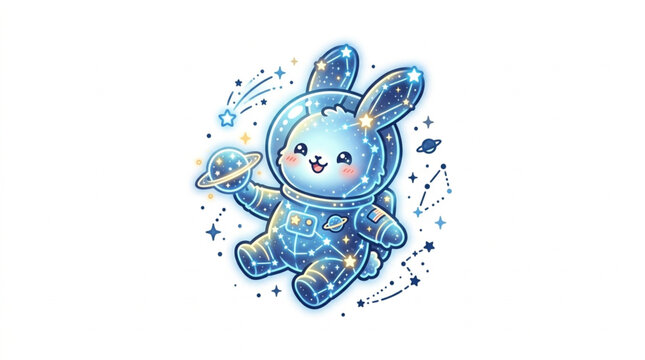 Cute cartoon bunny astronaut floating in space holding a planet.