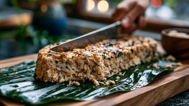 Tempeh block being sliced on a banana leaf in a humid kitchen, mycelium threads visible in cross section, rain soaked streets outside a cracked window, perfect for koji fermentation, fermented soy, 