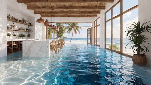 Surreal Interior Cafe Kitchen With Ocean Water Floor Flowing Into Tropical Beach View Through Open Door Wood Beams White Walls Coastal Architecture Concept Design