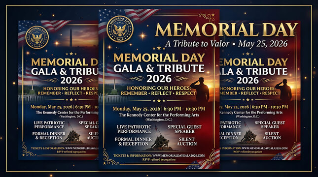 Memorial Day Gala and Tribute event poster with patriotic stars and stripes against a dark background