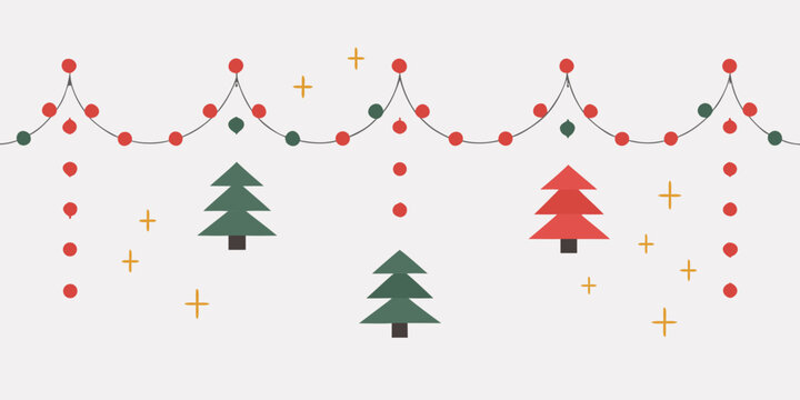 christmas trees and string lights flat vector illustration on beige background