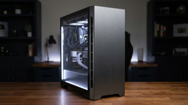 Modern minimalist PC tower case with illuminated internal components showcased on a wooden desk