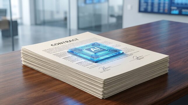 Glowing AI microchip resting on a stack of paper contracts on an office desk, symbolizing digital transformation, business automation, and smart agreements