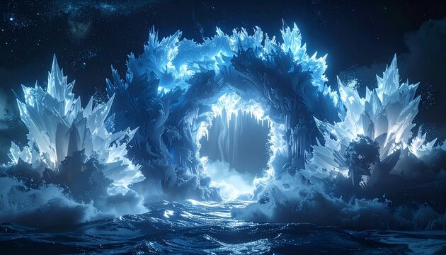Glowing ice portal archway against night sky, with water below