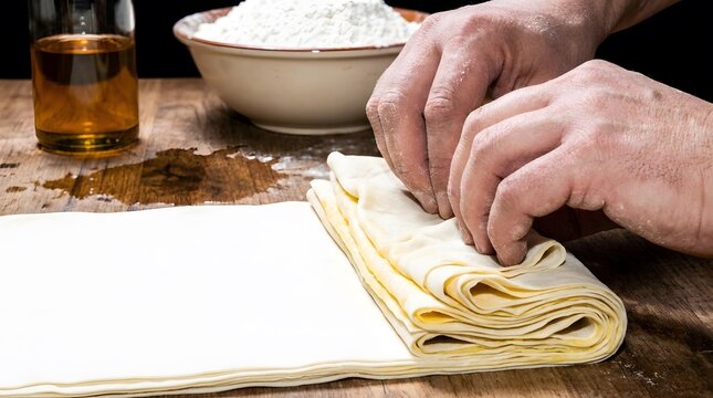 hands folding thin phyllo dough layers on wooden table for traditional pastry preparation