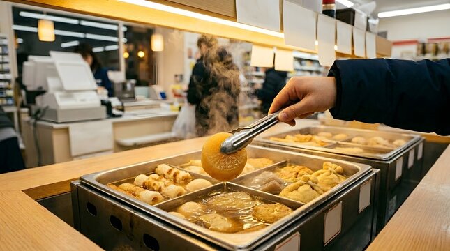 hand using metal tongs to pick fresh oden from heated display in convenience store