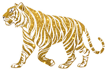 Fototapeta premium Gold glitter silhouette illustration of a tiger in png format for environment day