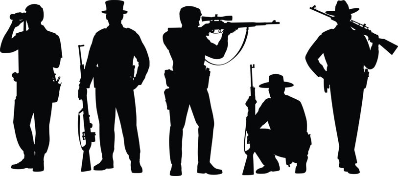 Silhouette figures holding rifles in various poses symbolizing hunting, military, defense, security, shooting, marksman, weapon, outdoors, action