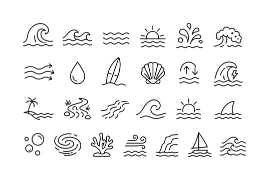 Ocean Wave Patterns. Line icon set of waves and water elements: curling wave, calm wave, ripple line, sea horizon, splash, foam crest, ocean current, water drop, surfboard, shell, tide arrows, storm