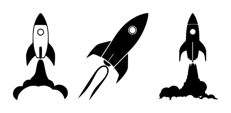 Rocket launch startup set with solid black icon and white background featuring rocket, launch, startup symbol with vector, illustration and business
