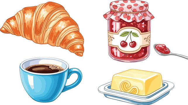 French Breakfast Icon Set with Butter Croissant, Black Coffee, Cherry Jam Jar, and Butter for Cafe Menus, Bakery Branding, Morning Brunch Graphics, and Food Illustration Projects