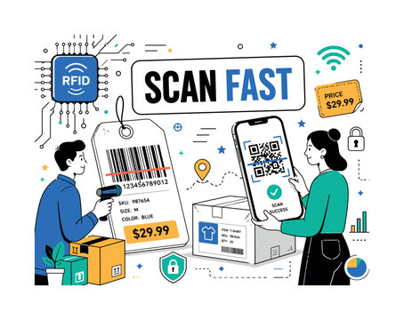 RFID Barcode Scanning. clean editorial banner about RFID, QR code, barcode scanning and retail tracking systems, two geometric characters scanning an oversized QR label and a giant barcode tag across