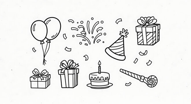 Birthday party doodle set isolated on a transparent background