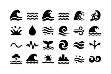 Obraz premium Ocean Wave Pattern Banner. Solid glyph icon set of ocean waves: wave, ripple, swell, water, sea, ocean, storm wave, surf, splash, droplet, current, tide, wind swirl, flood, curve line, amplitude,