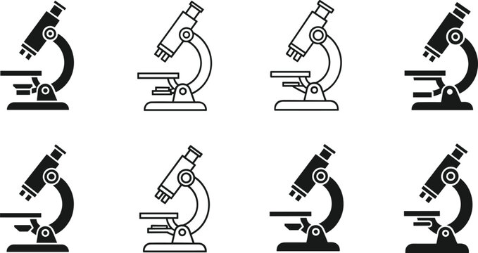 Set of Microscope Vector Icons Representing Scientific Research, Laboratory Equipment, and Education