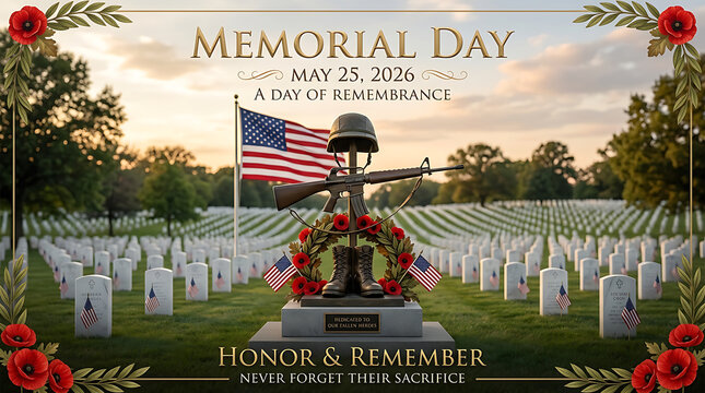 Memorial Day tribute with American flag military boots rifle and poppy flowers honoring fallen soldiers at a cemetery